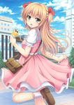  :d bad_id bad_pixiv_id bag bangs blonde_hair bow building cloud cloudy_sky crepe day dress eyebrows_visible_through_hair food green_eyes hair_bow handbag highres holding holding_food long_hair looking_at_viewer nakamura_sumikage open_mouth original outdoors sky smile solo standing standing_on_one_leg two_side_up 