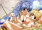  2girls beach bikini blue_hair breasts clochette mitsumine_minato nipples oshiki_hitoshi suzunone_seven swimsuit takatori_yuzuri 