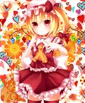  ascot bad_id bad_pixiv_id bell blonde_hair blush bow choker cowboy_shot finger_to_face flandre_scarlet floral_background frilled_skirt frills frown hair_bow hat hat_ribbon heart heart_background highres jingle_bell looking_at_viewer mob_cap red_eyes red_legwear revision ribbon rinne_(kouheiramia) short_hair short_sleeves side_ponytail skirt skirt_set solo spread_fingers thighhighs touhou white_background wings zettai_ryouiki 