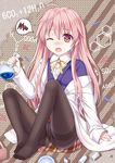  black_legwear brown_eyes chemical_structure crotch_seam labcoat long_hair no_shoes one_eye_closed original panties panties_under_pantyhose pantyhose pink_hair revision round-bottom_flask sitting solo spoken_squiggle squiggle tears thighband_pantyhose tsukino_neru underwear wavy_mouth wince 