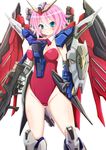  blue_eyes breasts destiny_gundam detached_collar ebi_193 facial_tattoo frown gun gundam hair_ornament large_breasts leotard mecha_musume mechanical_wings personification pink_hair red_leotard shield shoulder_pads solo tattoo thighs weapon wings 