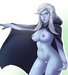  blue_eyes blush breasts cape dark_elf dark_nipples defense_of_the_ancients dota_2 elf greenmarine grey_skin highres large_breasts lips long_hair md5_mismatch naked_cape navel nipples nose nude pointy_ears pubic_hair silver_hair solo standing traxex 