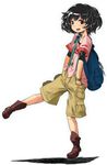  akiyama_yukari bag blush bookbag boots brown_eyes brown_hair casual full_body girls_und_panzer hands_in_pockets jewelry leg_up messy_hair necklace open_mouth owa_(sessokudoubutsu) shirt shorts smile solo standing suspenders white_background 