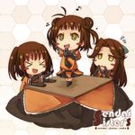  &gt;_&lt; 3girls :d afterimage antenna_hair arm_up beamed_eighth_notes blush_stickers brown_hair character_name chibi closed_eyes controller double_bun eighth_note flying_sweatdrops jintsuu_(kantai_collection) kantai_collection kotatsu long_hair motion_lines multiple_girls music musical_note naka_(kantai_collection) neckerchief on_table open_mouth pleated_skirt pointing pointing_up quarter_note remote_control sendai_(kantai_collection) short_hair singing skirt smile table two_side_up umino_mokuzu_(shizumisou) yellow_eyes 