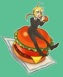  ahoge artoria_pendragon_(all) bad_id bad_pixiv_id blonde_hair eating fate/zero fate_(series) food formal hamburger lowres obuchi_(nanakamado1) pant_suit ponytail reverse_trap saber solo suit 