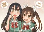  :d black_gloves black_hair blush bow bowtie brown_eyes brown_hair chikuma_(kantai_collection) fang gloves hand_on_another's_shoulder kantai_collection long_hair multiple_girls open_mouth remodel_(kantai_collection) ribbon smile taking_picture tone_(kantai_collection) twintails umino_mokuzu_(shizumisou) v white_ribbon 