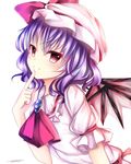  ascot bat_wings blue_hair bow hat hat_bow red_eyes remilia_scarlet short_hair simple_background smile solo touhou vebonbon wings 