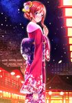  3: alternate_costume architecture blush cherry_blossoms east_asian_architecture embarrassed floral_print flower from_behind hair_flower hair_ornament hair_up highres japanese_clothes kimono love_live! love_live!_school_idol_project night night_sky nishikino_maki playing_with_own_hair purple_eyes red_hair revision short_hair sky solo standing swordsouls 