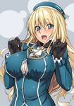  atago_(kantai_collection) black_gloves blonde_hair blush breasts button_gap buttons cleavage covered_nipples gloves green_eyes hands_up hat kantai_collection large_breasts long_hair military military_uniform open_mouth revision satou_samu solo uniform 