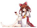  ascot bad_id bad_pixiv_id barefoot blush bow brown_hair cup detached_sleeves drinking_glass full_body hair_bow hair_tubes hakurei_reimu long_hair mogi_(mai6334) open_mouth red_eyes simple_background solo touhou white_background wine_glass 
