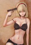  alice_margatroid bare_shoulders black_bra black_panties blonde_hair blue_eyes bra breasts cleavage commentary_request eyelashes glock gun gun_to_head hairband handgun holding holding_gun holding_weapon koh_(minagi_kou) lace lace_bra lace_panties lips looking_at_viewer medium_breasts navel panties revision short_hair smile solo strap_slip touhou underwear underwear_only weapon 