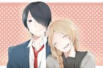  1girl asai_yukiko black_hair blonde_hair braid couple hair_over_one_eye hetero kusu_2 long_hair naoe_tsuyoshi necktie nijiiro_days school_uniform 