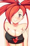  1girl animated animated_gif asuna_(pokemon) blush bounce bouncing_breasts breasts cleavage emofuri gym_leader large_breasts pokemon red_hair vivivoovoo 