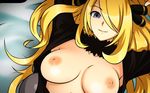  blonde_hair blue_eyes breasts cynthia_(pokemon) jpeg_artifacts long_hair nipples open_shirt pokemon shirona topless 