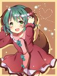  animal_ears bad_id bad_pixiv_id blush border dress fang green_eyes green_hair hands_in_hair heart heart_of_string kasodani_kyouko leaning_forward light_particles long_sleeves open_mouth outline red_background revision short_hair solo tail touhou uguisu_mochi_(ykss35) 