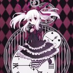  argyle argyle_background clock dress hair_ribbon hands_clasped jumping koto_(colorcube) lolita_fashion long_hair original own_hands_together pink_hair red_eyes ribbon solo striped striped_legwear thighhighs twintails white_hair 