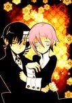  1other bad_source crona_(soul_eater) death_the_kid hug imawano_lem pink_hair silver_eyes soul_eater yellow_eyes 