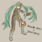  armor bad_id bad_pixiv_id boots cosplay crossover dead_space green_eyes green_hair gun hako_live hatsune_miku isaac_clarke isaac_clarke_(cosplay) long_hair plasma_cutter solo twintails very_long_hair vocaloid weapon 