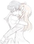  arisa_(lavender283) closed_eyes couple himemiya_anthy hug kiss long_hair lowres multiple_girls pink_hair purple_hair school_uniform serafuku short_hair shoujo_kakumei_utena simple_background sketch tenjou_utena yuri 