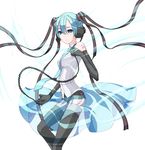  adapted_costume alternate_costume aqua_hair bangs belt black_gloves black_legwear cable closed_mouth collared_shirt gloves hair_between_eyes hair_ornament hair_ribbon hatsune_miku headphones headset holding holding_microphone kazuoki microphone necktie number overskirt ribbon see-through shirt short_shorts shorts sleeveless sleeveless_shirt solo tattoo thighhighs vocaloid white_background 