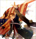  21grams america america_(hetalia) american_flag american_revolution axis_powers_hetalia bad_id bad_pixiv_id bald_eagle bird blonde_hair blue_eyes child dove eagle flag male_focus military military_uniform patriotism solo trench_coat uniform 