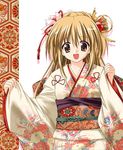  :d blonde_hair japanese_clothes kiba_satoshi kimono lowres open_mouth original smile solo source_request yellow_eyes 