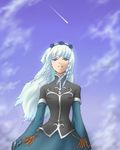  black_dress blue_background blue_dress blue_eyes blue_hair braid cloud day dress hair_ornament long_hair lowres merines shirley_fennes shooting_star tales_of_(series) tales_of_legendia tempyou_kango 