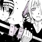  1other bad_source closed_mouth crona_(soul_eater) death_the_kid gun handgun holding holding_sword holding_weapon imawano_lem parted_lips pistol simple_background smirk soul_eater spikes sword upper_body weapon white_background 