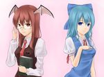  adjusting_eyewear alternate_hair_length alternate_hairstyle armband bad_id bad_pixiv_id bat bat_wings bespectacled blue_hair book breasts cirno dress glasses head_wings holding holding_book koakuma light_smile long_hair looking_at_viewer medium_breasts multiple_girls necktie no_wings older pinafore_dress red_hair red_neckwear ribbon shirt simple_background tadokoro_teppei taut_clothes taut_shirt touhou vest wings 