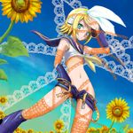  belt breasts flat_chest flower kagamine_rin lace midriff open_fly shorts small_breasts solo sunflower underboob unzipped vocaloid yamatomaru_keruwo 