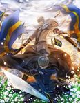  asato_(anjam) axis_powers_hetalia blonde_hair blue_eyes cape cloud finland_(hetalia) flag flower glasses gloves highres male_focus medieval multiple_boys patriotism purple_eyes silver_hair sky snowdrop_(flower) sweden sweden_(hetalia) swedish_flag sword weapon 