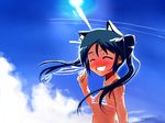  animal_ears bikini black_hair blush cat_ears closed_eyes cloud day fang flat_chest francesca_lucchini grin happy long_hair puinyu sky smile solo strike_witches striped striped_bikini swimsuit twintails world_witches_series 