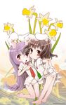  animal_ears bad_id bad_pixiv_id barefoot black_hair bunny_ears bunny_tail child dress dress_lift feet flower highres inaba_tewi long_hair multiple_girls narcissus_(flower) necktie no_pants okome_(ricecandy) panties purple_hair red_eyes red_neckwear reisen_udongein_inaba short_hair tail touhou underwear white_panties 