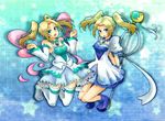  ameta_(pixiv598197) blonde_hair blue_background blue_skirt fenimore_xelhes long_hair magical_girl multiple_girls puffy_sleeves siblings skirt tales_of_(series) tales_of_legendia thighhighs thyra_welzes twins twintails white_legwear 