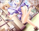  blond_hair blonde_hair hair_ribbon head_turn long_hair panties red_eyes restaurant thigh-highs thighhighs waitress 