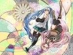  aqua_hair doily enamel hatsune_miku long_hair megurine_luka multiple_girls pink_hair thighhighs very_long_hair vocaloid 