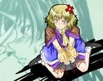  arm_warmers blonde_hair blush green_eyes horn hoshiguma_yuugi kishimasa mizuhashi_parsee multiple_girls pointy_ears scarf short_hair touhou 