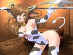  animal_ears animal_print bell bent_over breasts brown_eyes brown_hair cleavage cow_bell cow_ears cow_girl cow_print cow_tail game_cg gloves horns ikazuchi_no_senshi_raidy kazuma_muramasa large_breasts long_hair solo tail thighhighs weapon 