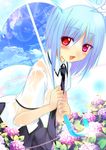  antenna_hair bad_id bad_pixiv_id blue_hair blush flower heart hydrangea necktie open_mouth original parasol red_eyes see-through shirokitsune sky_print solo umbrella wet 