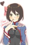  bad_id bad_pixiv_id black_hair bob_cut bodysuit brown_eyes brown_hair chloe_valens chocolate happy_valentine highres licking oomuro_(omuraisu) ribbon short_hair solo tales_of_(series) tales_of_legendia valentine very_short_hair white_background 