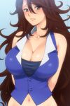  arms_behind_back bare_shoulders blush breasts brown_hair cleavage gundam gundam_00 hairu huge_breasts lips long_hair navel solo sumeragi_lee_noriega yellow_eyes 