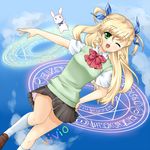  467_(artist) bad_id bad_pixiv_id blonde_hair blush bow bowtie bunny cloud day floating green_eyes hair_ribbon hand_on_hip kneehighs loafers long_hair lyrical_nanoha magic_circle mahou_shoujo_lyrical_nanoha_strikers mahou_shoujo_lyrical_nanoha_vivid one_eye_closed open_mouth ribbon sacred_heart shoes sky smile socks solo two_side_up vivio 