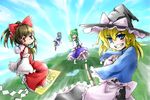  blonde_hair blush broom detached_sleeves flying gohei grin hakurei_reimu hat izayoi_sakuya kirisame_marisa kochiya_sanae multiple_girls smile taker_(flamestorm) touhou witch_hat 