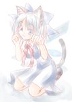  :3 animal_ears cat_ears cat_tail cirno highres kemonomimi_mode paw_pose ribbon shishi_tooga short_hair sketch solo tail touhou wings 