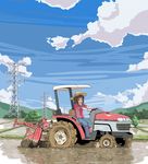  :d amami_haruka brown_hair cloud day farm gloves green_eyes hair_ribbon hat idolmaster idolmaster_(classic) kozou_(rifa) mud open_mouth power_lines ribbon rice_paddy short_hair sky sleeves_rolled_up smile solo tractor 