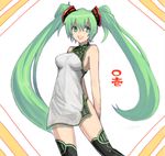  arms_behind_back bare_shoulders boots china_dress chinese_clothes dress green_eyes green_hair hair_ornament hatsune_miku kara_(color) long_hair panties simple_background smile solo thigh_boots thighhighs twintails underwear very_long_hair vocaloid 