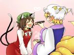  animal_ears blonde_hair brown_hair cat_ears cat_tail chen fang feeding female hat tail touhou yakumo_ran 