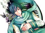  aqua_scarf blue_eyes blue_hair bug butterfly flower headset insect instrument kaito male_focus piano piyokichi scarf solo vocaloid 