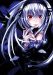  caffein doll_joints feathers naughty_face red_eyes rozen_maiden silver_hair solo suigintou 