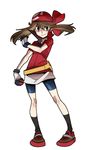  bandana bike_shorts blue_eyes blush brown_hair gloves haruka_(pokemon) hat holding holding_poke_ball long_hair poke_ball pokemon pokemon_(game) pokemon_rse simple_background solo white_background yubidoriru 